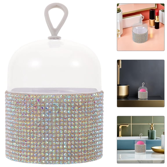 Luxshiny Makeup Sponge Container with Transparent Lid and Rhinestone Accents for Daily Use