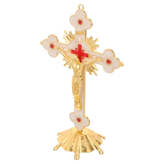 Luxshiny Light Yellow Metal Jesus Cross Statue Decorative Western Figurine for Home Decor