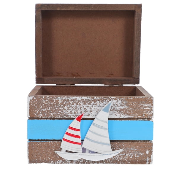 Luxshiny Nautical Ocean Theme Brown Wooden Storage Chest, Decorative Small Treasure Box for Keepsakes, Jewelry, Home Decor