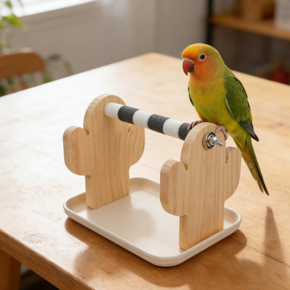 Luxshiny Parrot Cage Perch Platform with Wood Stand and Removable Plastic Tray for Home Use