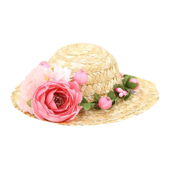 Luxshiny Pet Straw Hat Pink Woven Flower Design Comfortable Soft Summer Beach Accessory