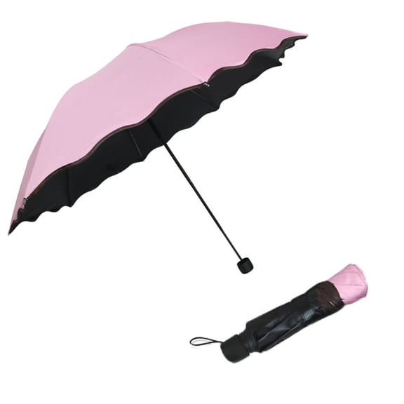 Luxshiny Pink Flower Patterned Sunscreen Umbrella with Lotus Leaf Brim for Sun and Rain Protection, Foldable Design