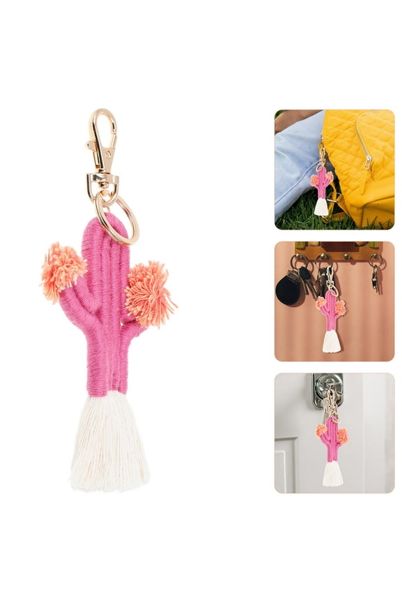 Pink Handwoven Keychain Cactus Shape Keyring Pendant 1Set for Daily Use by Young Adults