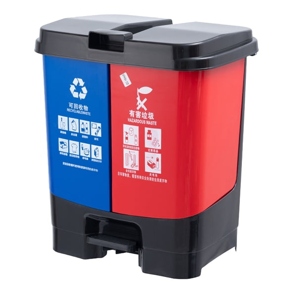 Luxshiny Plastic Trash Can with Dual Compartments Pedal Operated Large Waste Bin for Kitchen
