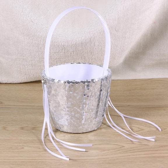 Luxshiny Plated Silver Wedding Basket with Sequins and Embellished Ribbon for Ceremony