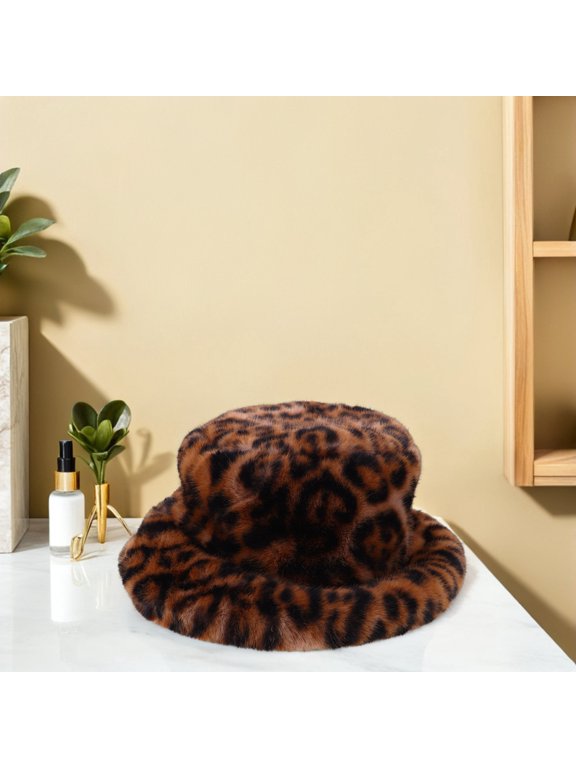 Fuzzy Warm Leopard Hat Coffee Plush Unisex Winter Protection