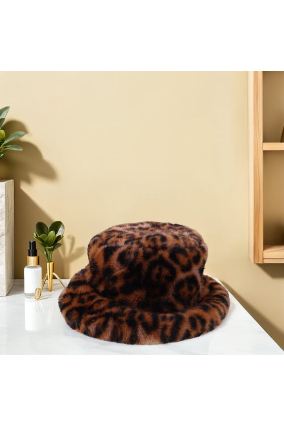 Plush Leopard Print Bucket Hat Warm Winter Fisherman Cap Wide Brim Hat for Outdoor Adventures