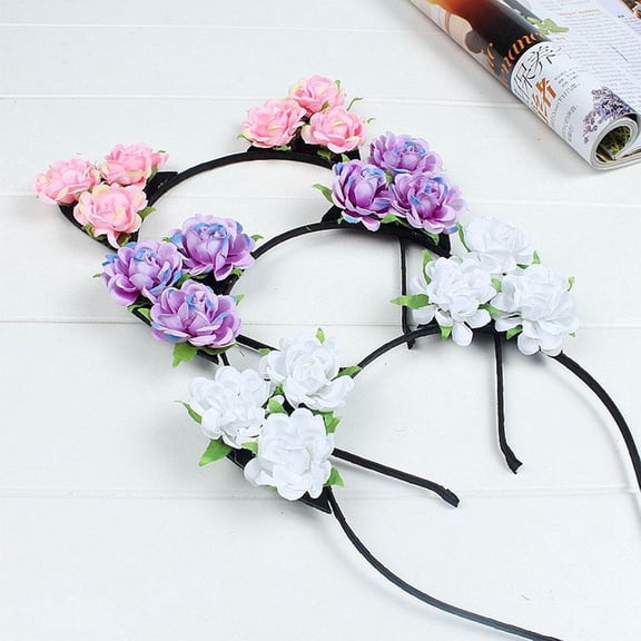 Luxshiny Purple Cat Ears Decorative Headband with Flower for Special Occasion and Daily Use