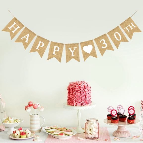 Luxshiny Retro Linen Burlap Banner Happy 30th Birthday Party Decoration Supplies Swallowtail Flag Garland for Indoor Outdoor Use Khaki