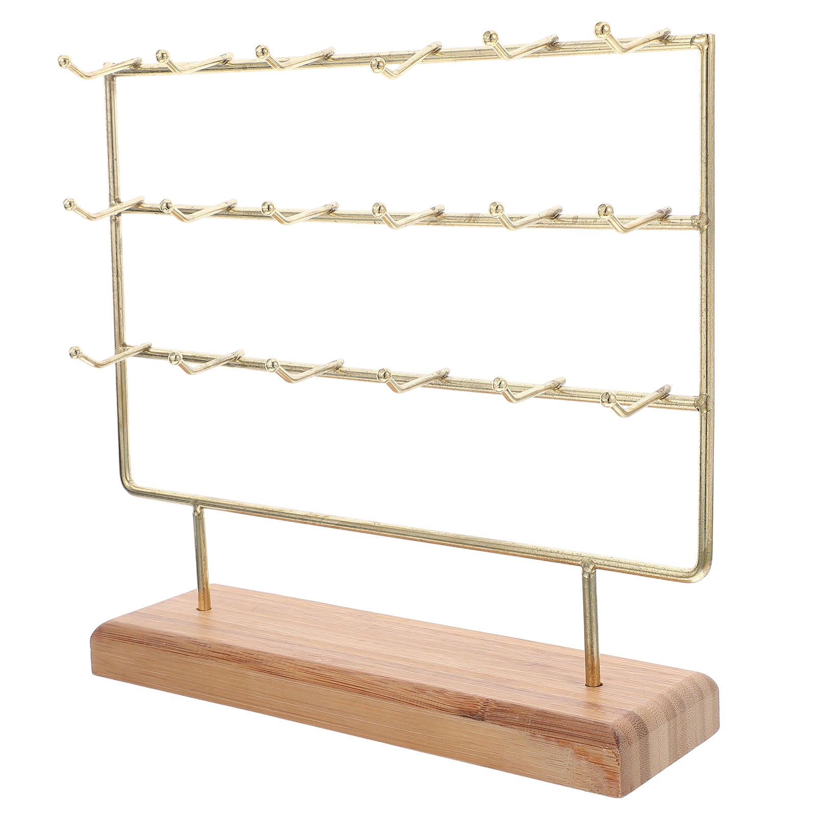 Luxshiny Space Saving Golden Jewelry Rack with Iron Frame and Wood Base Featuring 18 Hooks for Accessories