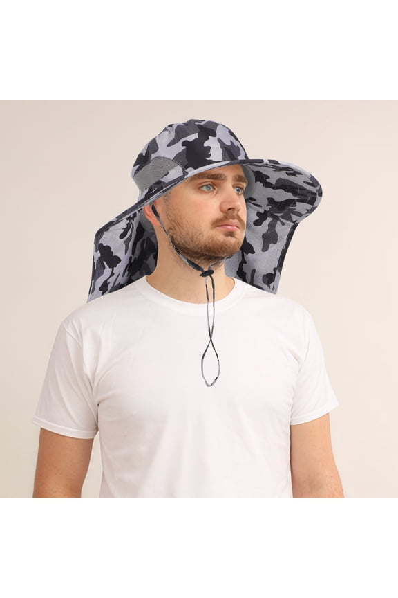 Sun Hat with Neck Flap Grey Wide Brim for Outdoor Fishing Hiking Uv Protection