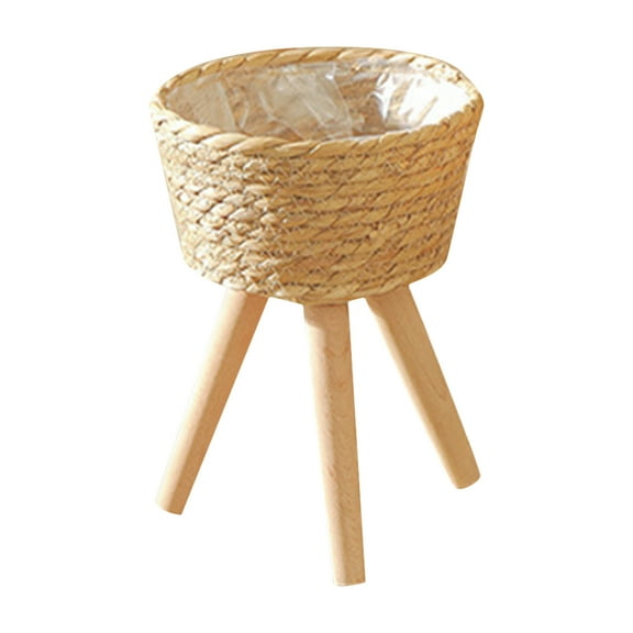Luxshiny Brown Wooden Plant Pot Stand with Woven Grass Design, Indoor Home Plant Holder for Flower Pots and