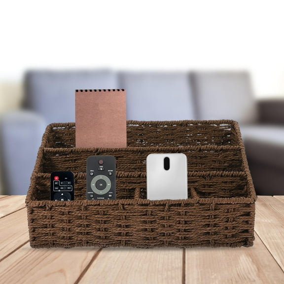 Luxshiny Woven Rattan Divided Storage Basket with Lid Boho Desk Organizer Wicker Home Office Decor