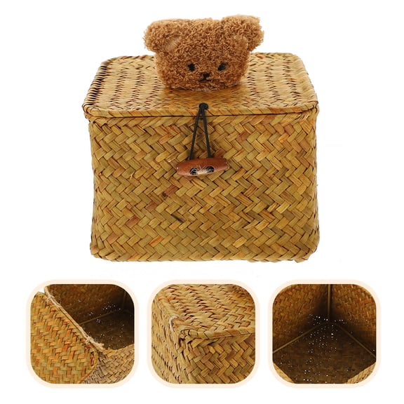Luxshiny Woven Storage Basket with Lid Brown Seagrass Organizer for Home Storage and Clutter Control