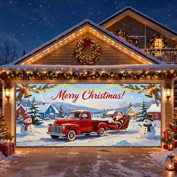 Luxspire 7 x 16ft Santa Sleigh Christmas Garage Door Cover with LED Lights Large Garage Door Christmas Decor with Rope and Hooks, Outdoor Store Background for Xmax Wall House Patio Lawn Party Mural