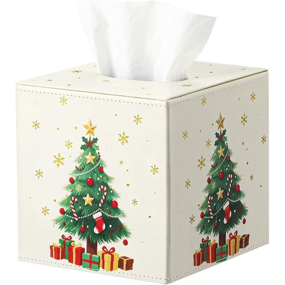 Luxspire Christmas Tissue Box Cover, 5.51" Square Tissue Box Cover with Magnetic Closure, Tissue Box Holder Christmas Decor for Living Room Bedroom Countertop Cars Hotels, Christmas Tree