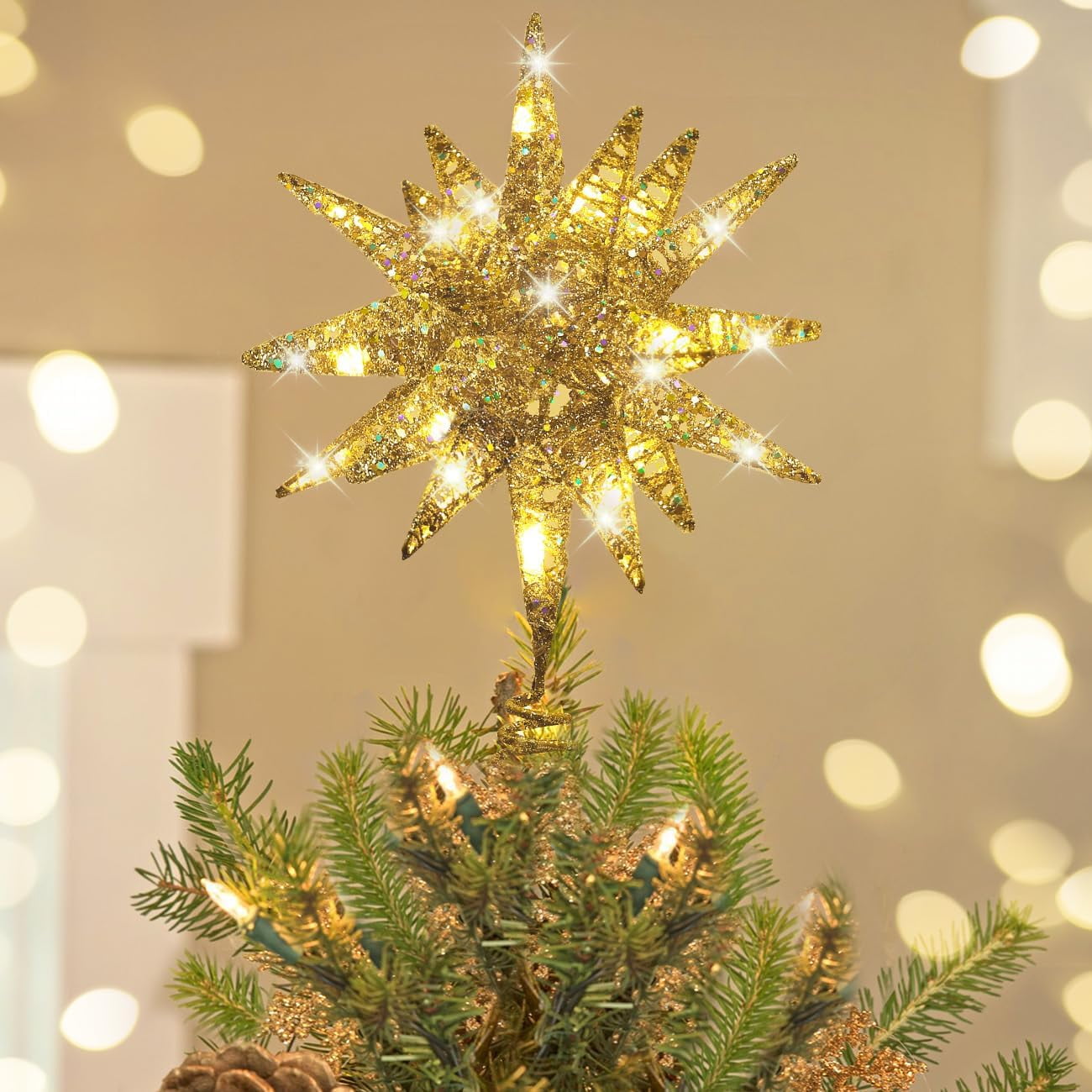 Luxspire Christmas Tree Topper, 3D Star Lighted Tree Topper, Christmas