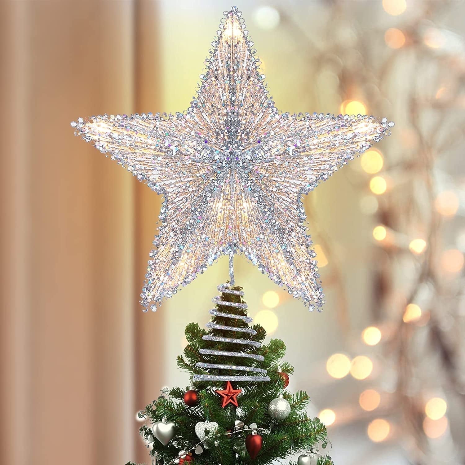 【Silver】Supreme Christmas Tree Topper 13.7 Inch Silver Christmas Tree Topper - 3D Burst Silver