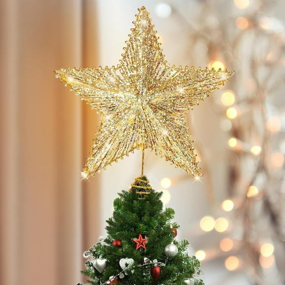 Luxspire Christmas Tree Topper, LED Lighted Star Tree Topper, 9.8" Glitter Metal 3D Christmas Decorations Lights, Light Up Xmas Tree Star Vintage Modern Ornaments Decor for Home Party, Gold