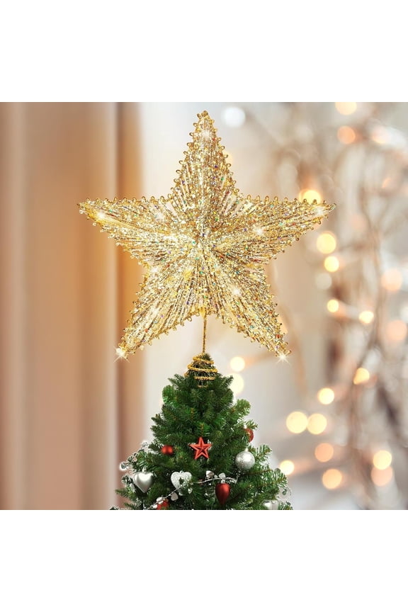 Christmas Tree Topper, LED Lighted Star Tree Topper, 9.8" Glitter Metal 3D Christmas Decorations Lights, Light Up Xmas Tree Star Vintage Modern Ornaments Decor for Home Party, Gold