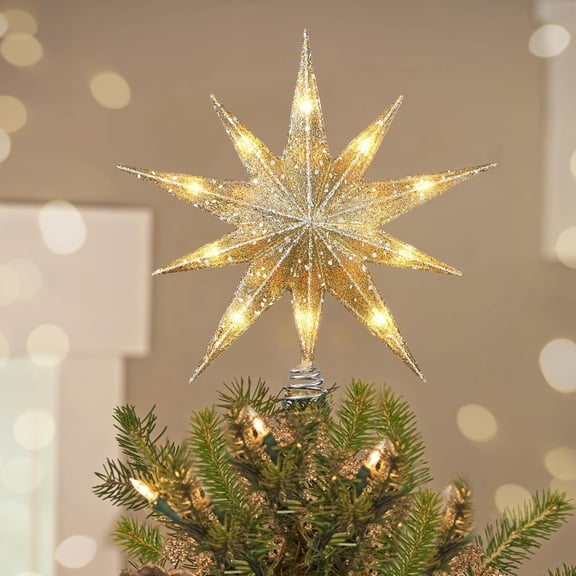 Luxspire Christmas Tree Topper, Lighted Star Tree Topper with USB Plug-in & Remote Control, 9.8" LED Metal Christmas Decorations Light, Xmas Tree Topper Light for Home Party, Champagne Gold