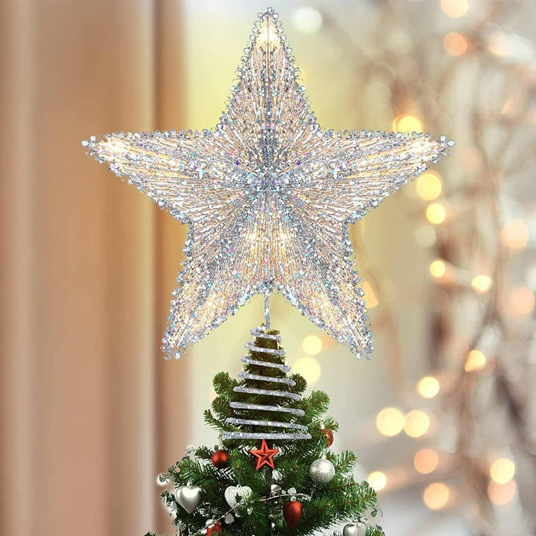 Luxspire Christmas Tree Topper Star,3D LED Lighted Tree Topper, 9.8  Glitter Metal Christmas Decorations Lights, Light Up Xmas Tree Star Vintage  Modern Ornaments Decor for Home Party, Silver 