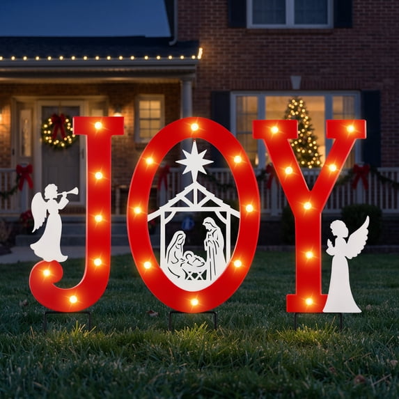 Luxspire Christmas Yard Stakes with Light, 24 Inch Nativity Scene Outdoor,Solar Powered, Metal Joy Christmas Yard Sign, Christmas Outdoor Decorations for Lawn Pathway Patio Garden
