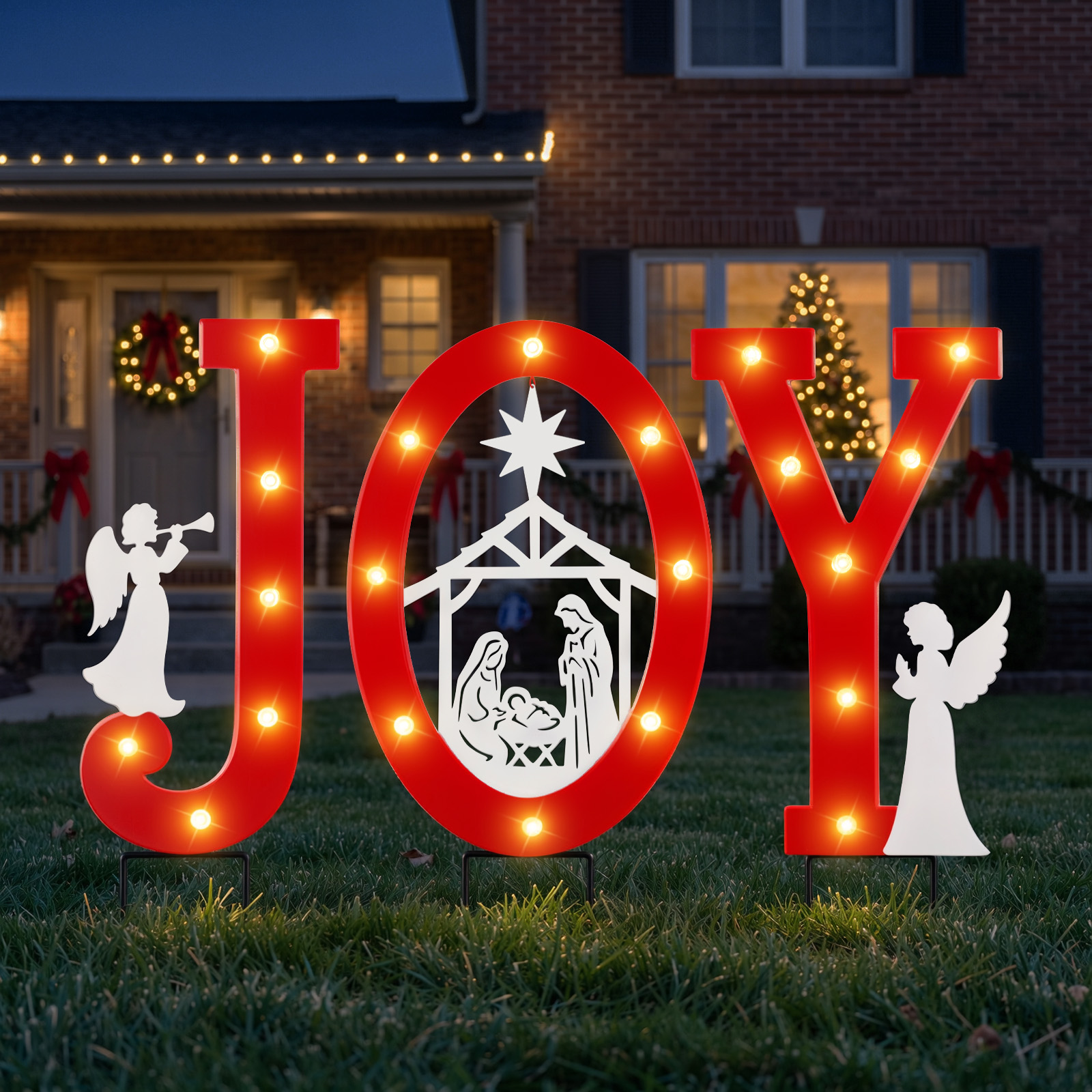 Luxspire Christmas Yard Stakes with Light, 24 Inch Nativity Scene Outdoor,Solar Powered, Metal Joy Christmas Yard Sign, Christmas Outdoor Decorations for Lawn Pathway Patio Garden