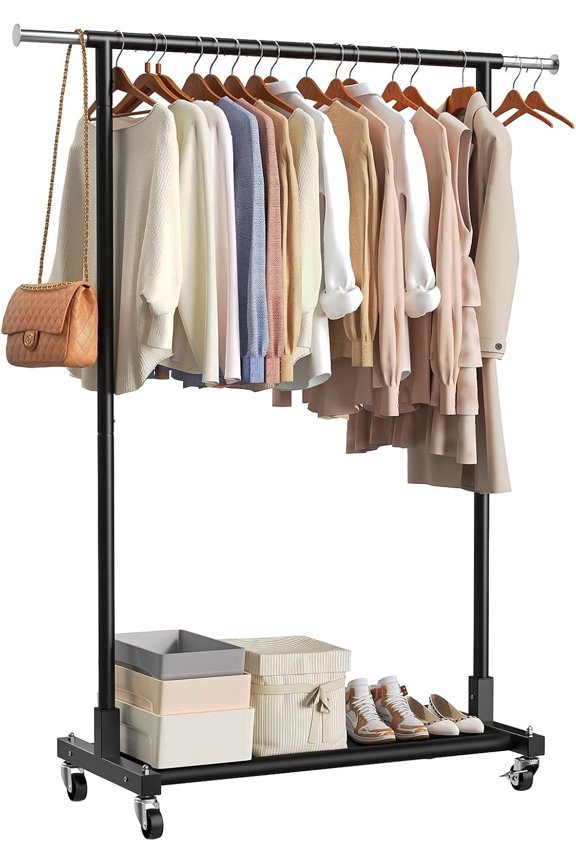 Clothes Rack with Lockable Wheels, Simple Clothing Garment Rack with Storage Shelves, Hanging Racks for Clothes with Single Rods for Laundry Room, Balcony, Bedroom, Bathroom, Black