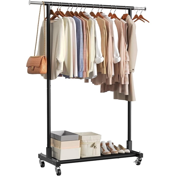 Luxspire Clothes Rack with Lockable Wheels, Simple Clothing Garment Rack with Storage Shelves, Hanging Racks for Clothes with Single Rods for Laundry Room, Balcony, Bedroom, Bathroom, Black
