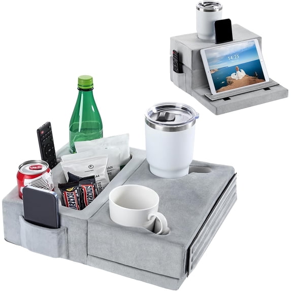 Luxspire Couch Cup Holder Tray, Couch Cup Holder Pillow with 8 Holes and Side Pocket, Tablet Pillow Couch Caddy for iPad/Drinks/Remote Control/Snacks Holder, Gray