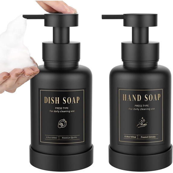 Luxspire Foaming Soap Dispenser, Glass Foam Pump Soap Dispenser, Non-Slip Hand Soap Dispenser with 5 Waterproof Labels, 15 Oz Refillable Liquid Soap Dispenser for Bathroom & Kitchen, Black, 2 Pack