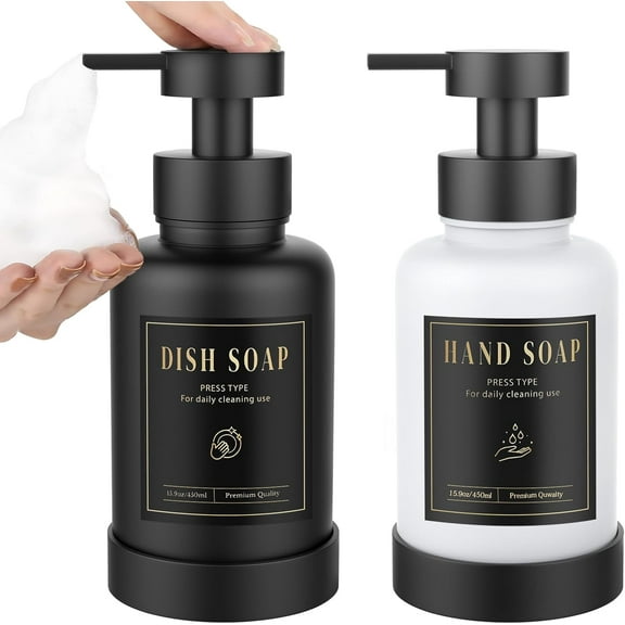 Luxspire Foaming Soap Dispenser, Glass Foam Pump Soap Dispenser, Non-Slip Silicone Sleeve & 5 Waterproof Labels, 15 Oz Refillable Liquid Bottle for Bathroom & Kitchen, Black+White, 2 Pack