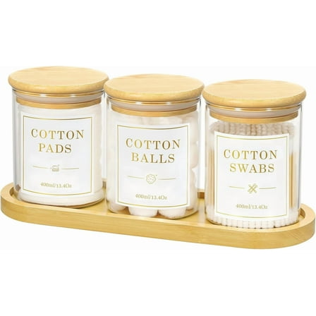 Luxspire Glass Qtip Holder with Vanity Tray, 3 Pack Cotton Swab Holder with Bamboo Lid, Glass Apothecary Jars Bathroom Accessories Canisters for Cotton Swabs, Balls, Pads, Floss Picks