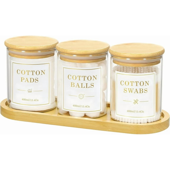 Luxspire Glass Qtip Holder with Vanity Tray, 3 Pack Cotton Swab Holder with Bamboo Lid, Glass Apothecary Jars Bathroom Accessories Canisters for Cotton Swabs, Balls, Pads, Floss Picks