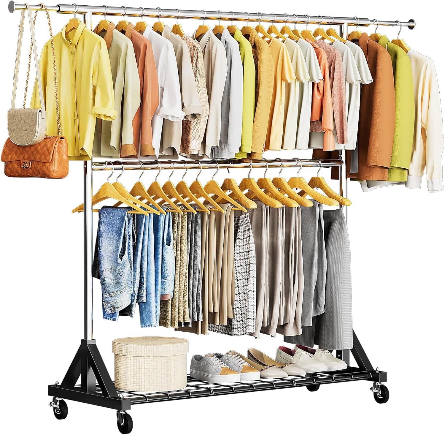 Luxspire Heavy Duty Clothes Rack Load 600 LBS, Double Rod Clothing Rack, Rolling Garment Racks with Lockable Wheels, Shelves, Adjustable Laundry Hanging Racks for Clothes