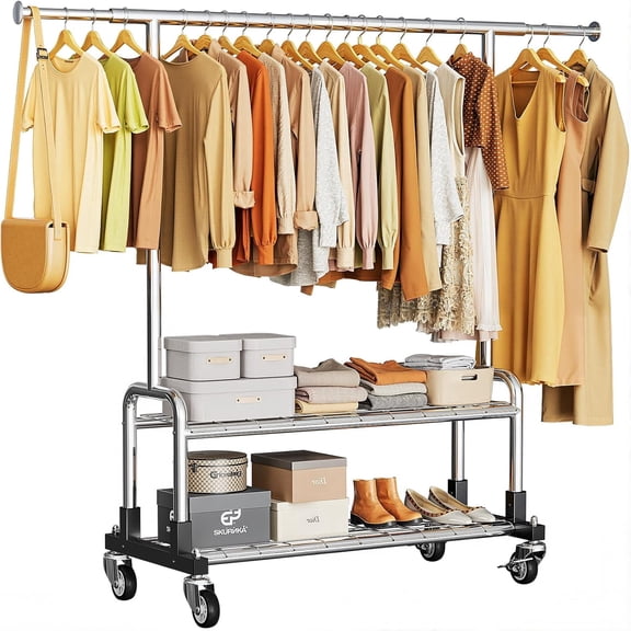 Luxspire Heavy Duty Garment Rack Load 600 LBS, Clothes Rack with Sturdy Wheels & 2 Tier Shelves, Rolling Clothes Racks for Hanging Clothes, Adjustable Clothing Rack for Laundry Room, Bedroom, Silver