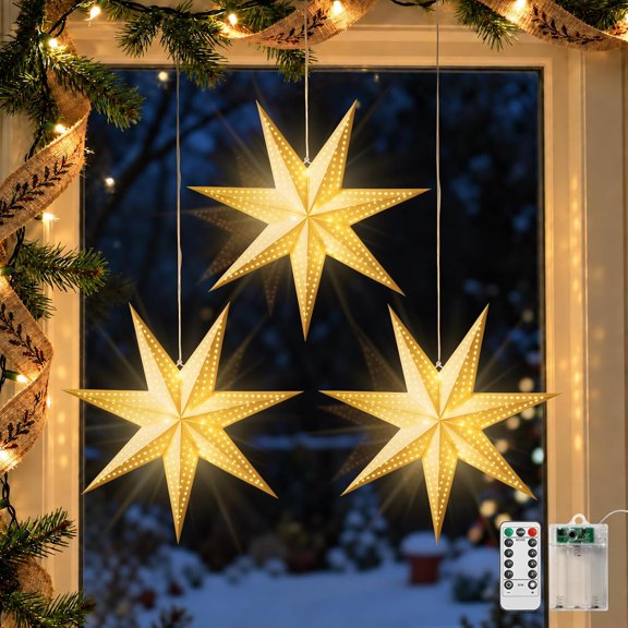 Luxspire 3 Pack Paper Star Lantern, 17.7"Hanging Christmas Paper Star Light