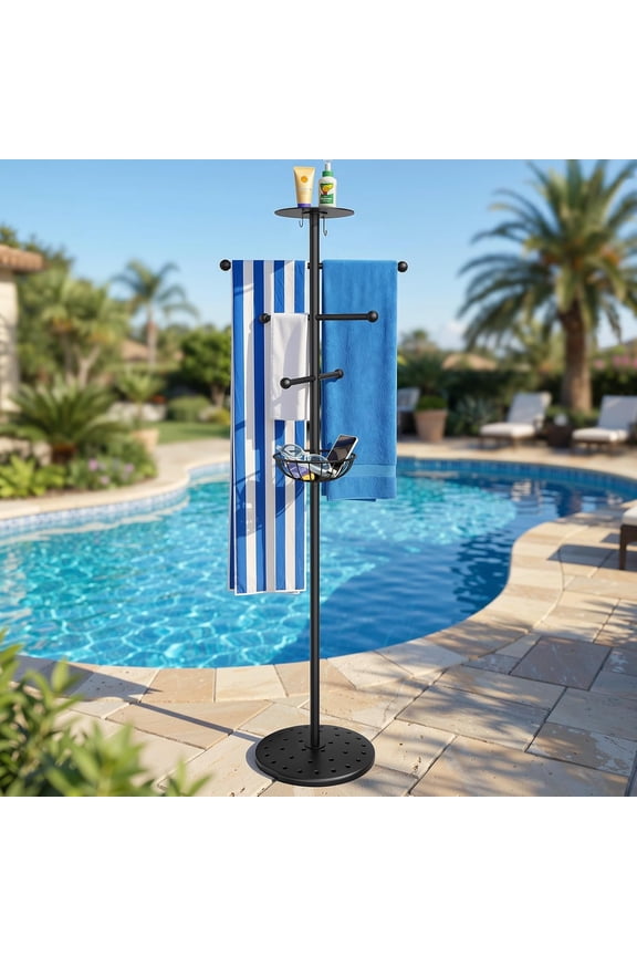 Pool Towel Rack Outdoor, Removable Outdoor Pool Towel Rack 88 LBS, 160 CM Lightweight Outdoor Towel Rack with Built-in Tray and Hooks Storage for Pool, Beach, Hot Tub, Backyards, Black