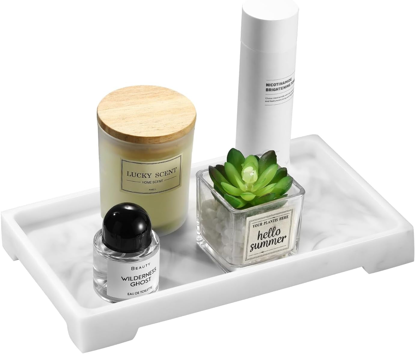 Luxspire Bathroom Vanity Tray, Marble Ceramic Dresser Jewelry Dish With Golden Rim, Decorative Tray Countertop Sink Storage Holder Organizer For Soap Candles Perfume Comestic Home Decor, Marble White