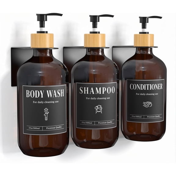 Luxspire Shampoo and Conditioner Dispenser, Shower Soap Dispenser Wall Mounted 3 Sets White Plastic Bottles Bamboo Pump, 500ml Shampoo and Conditioner Bottles for Bathroom, Shower Wall and Hotel