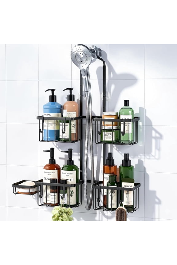 Shower Caddy Hanging over Shower Head, Rustproof Adjustable Shower Rack No Drill, Thickened Stainless Steel Shower Organizer and Storage for Inside Shower with Hook Soap Holder, Black