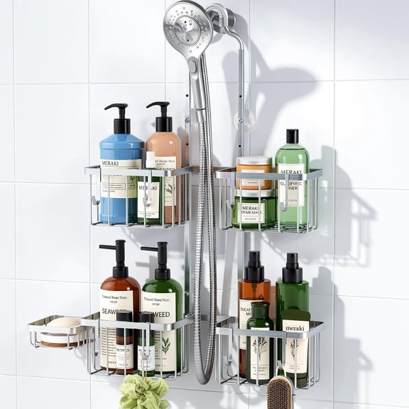 Luxspire Shower Caddy Hanging over Shower Head,Rustproof Adjustable Shower Rack Hanging No Drill,Thickened Stainless Steel Shower Organizer and Storage for Inside Shower with Hook Soap Holder,Silver