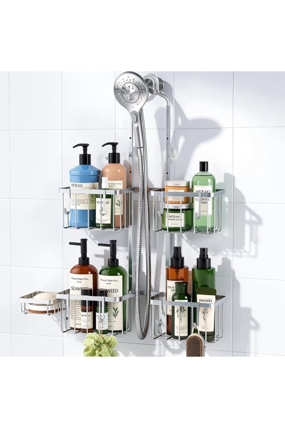 Shower Caddy Hanging over Shower Head,Rustproof Adjustable Shower Rack Hanging No Drill,Thickened Stainless Steel Shower Organizer and Storage for Inside Shower with Hook Soap Holder,Silver