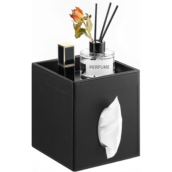 Luxspire Square Tissue Box Cover, PU Leather Square Tissue Box Cover with Storage Tray, Tissue Box Holder, Tissues Cube Boxes Cover for Living Room, Bedroom Countertop Cars Hotels, Black