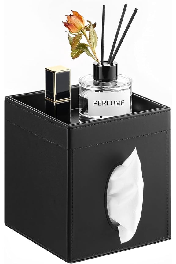 Square Tissue Box Cover, PU Leather Square Tissue Box Cover with Storage Tray, Tissue Box Holder, Tissues Cube Boxes Cover for Living Room, Bedroom Countertop Cars Hotels, Black