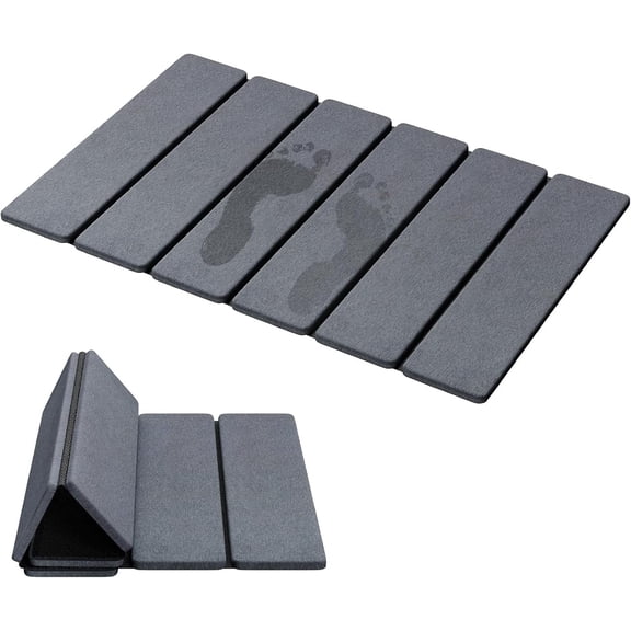 Luxspire Stone Bath Mat Foldable, Quick Drying Diatomaceous Earth Bath Mat for Bathroom, Large Bathroom Rug with Non-Slip Rubber Base, Easy Clean Shower Mat Outside Shower, 24 x 16 Inch, Dark Gray