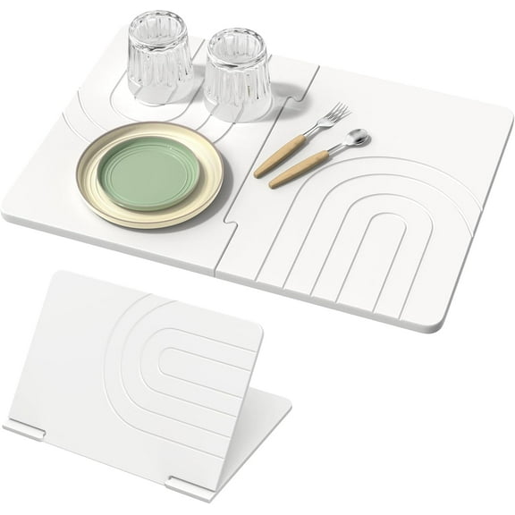 Luxspire Stone Drying Mat for Kitchen Counter - Large Fast-Absorbing Dish Drying Mat, Non-Slip Drying Pad for Dishes, Utensils, Cups - Waterproof Counter Protector for Kitchen Bathroom, White