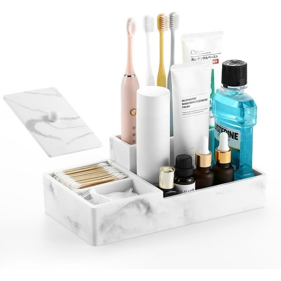 Luxspire Toothbrush Holders, 6 Slots Toothpaste & Toothbrush Holder for Bathroom, Electric Toothbrush Holder with Drain Hole, Bathroom Organizer Countertop for Cotton Ball, Cotton Swab, Gravel White