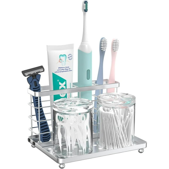 Luxspire Toothbrush Holders for Bathroom, Toothbrush Holder with Tray, Stainless Steel Holder for Toothbrush Toothpaste, Tooth Brushing Holder for Bathroom Countertop, 3-Slot, Silver